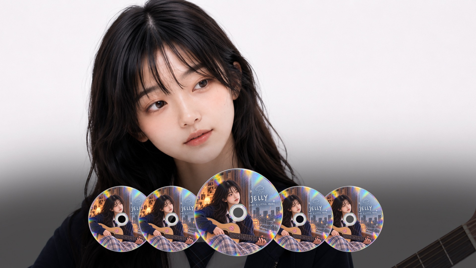 Jelly with a row of Stay a Little More CDs